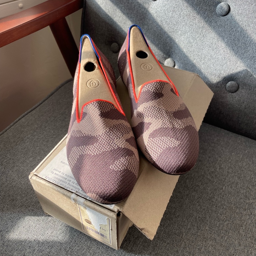 Rothy's Brown Camouflage Knit Flats with Red Trim